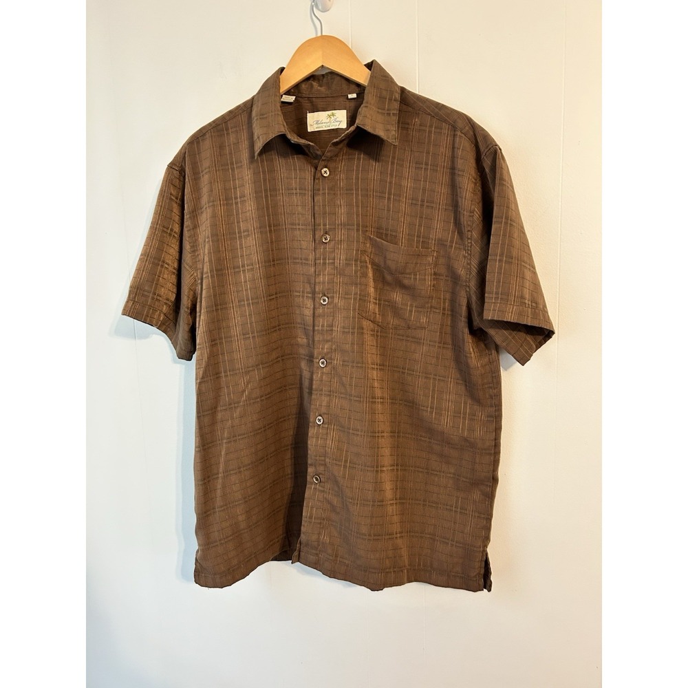 Milano Bay Mens Brown Textured Grid Stripe Short Sleeve Button Down‎ Shirt Large